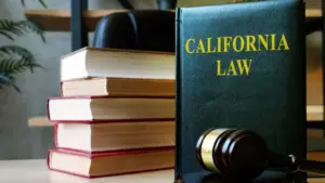 A stack of books and a gavel next to a book titled 