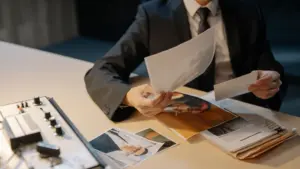 An attorney going through evidence. 