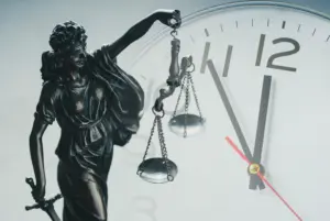 A statue of Lady Justice in front of a clock. 