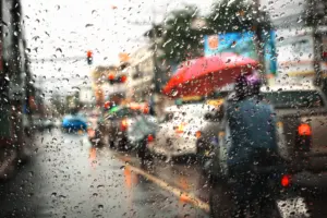 A rainy day outside. 