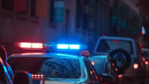 A police car pulling over a car. 